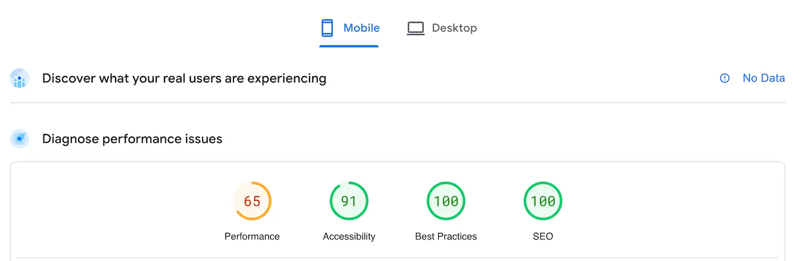 An example of a PageSpeed Insights Score composed of website performance, accessibility, best practices and SEO
