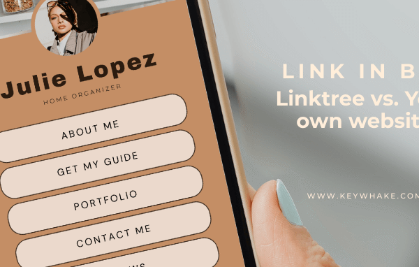 Smartphone showing a link in bio page example with he blog title on the right